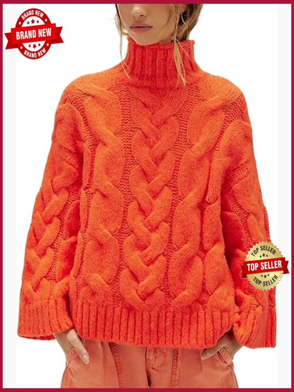 Oversized Cable Knit Turtleneck Sweater Chunky Soft Cozy Pullover